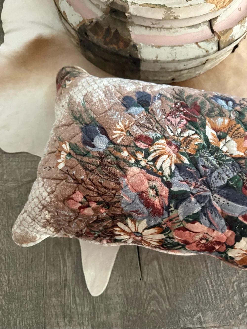 Vintage Floral Quilted Velvet Decorative Pillow - Multi Color